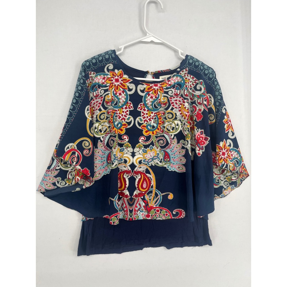 Faith and Joy Paisley Floral Layered Blouse Navy Blue Kimono Sleeve Top PM